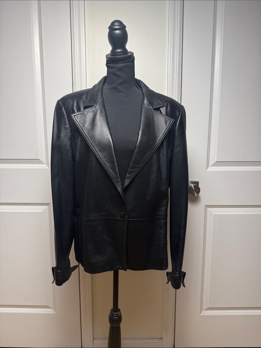 Black Leather Single-Button Blazer Jacket